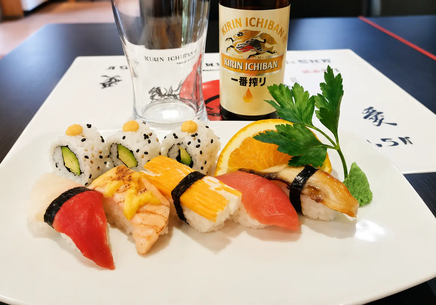 Sushi nigiri-tallrik med Kirin Ichiban